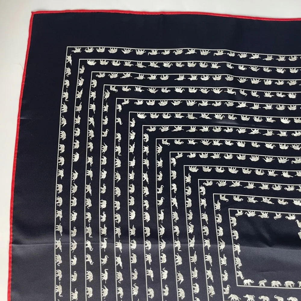 Jim Thompson Silk Scarf Elephant Print Navy Blue Red Border Square Scarf Animal
